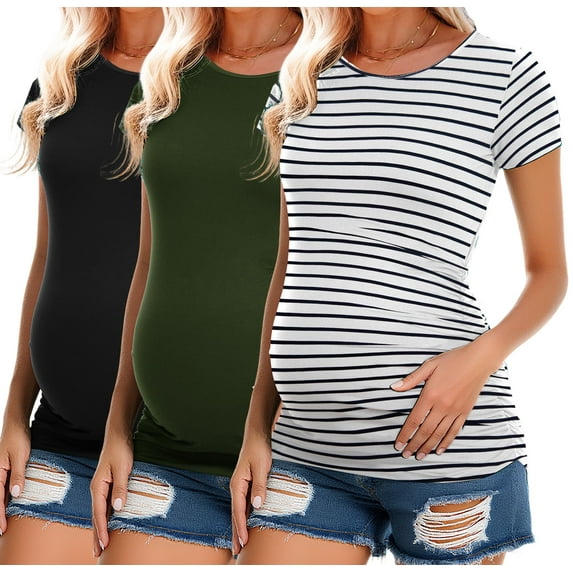 Women's Short Sleeve Maternity Shirt Side Ruched Pregnancy Tunic T-Shirt 3-Pack