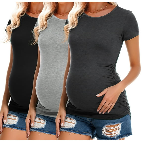 Women's Short Sleeve Maternity Shirt Side Ruched Pregnancy Tunic T-Shirt 3-Pack