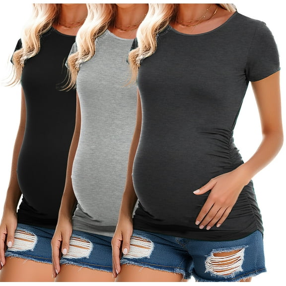 Women's Short Sleeve Maternity Shirt Side Ruched Pregnancy Tunic T-Shirt 3-Pack