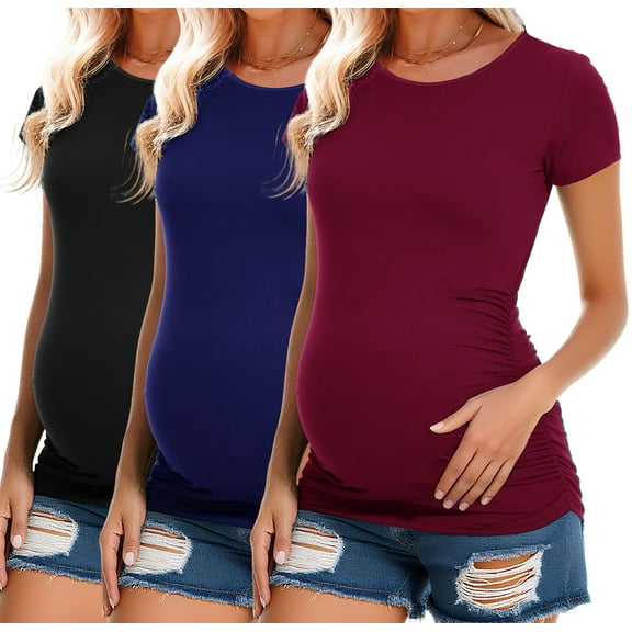 Women's Short Sleeve Maternity Shirt Side Ruched Pregnancy Tunic T-Shirt 3-Pack