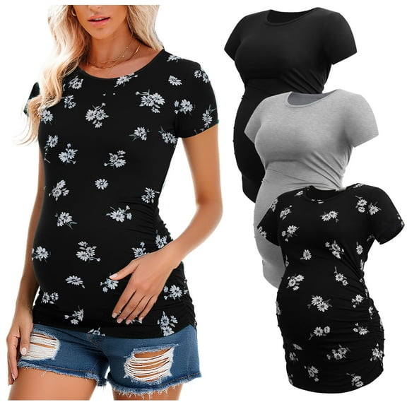 Women's Short Sleeve Maternity Shirt Side Ruched Pregnancy Tunic T-Shirt 3-Pack