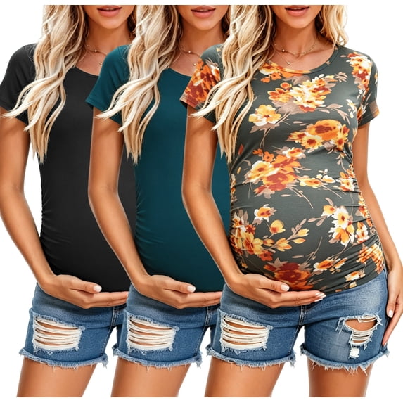 Women's Short Sleeve Maternity Shirt Side Ruched Pregnancy Tunic T-Shirt 3-Pack