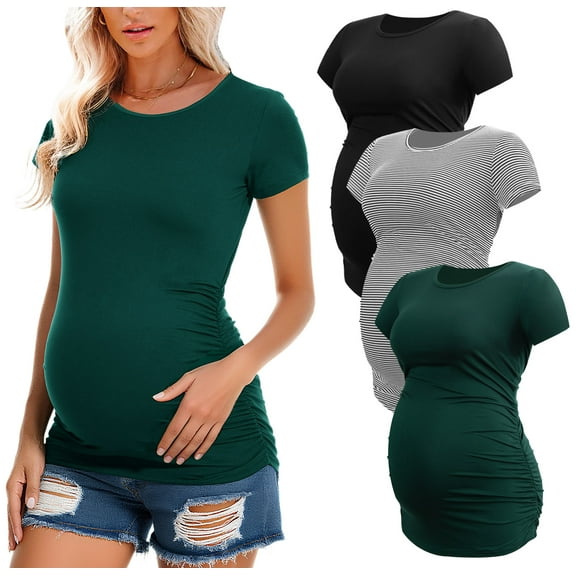 Women's Short Sleeve Maternity Shirt Side Ruched Pregnancy Tunic T-Shirt 3-Pack