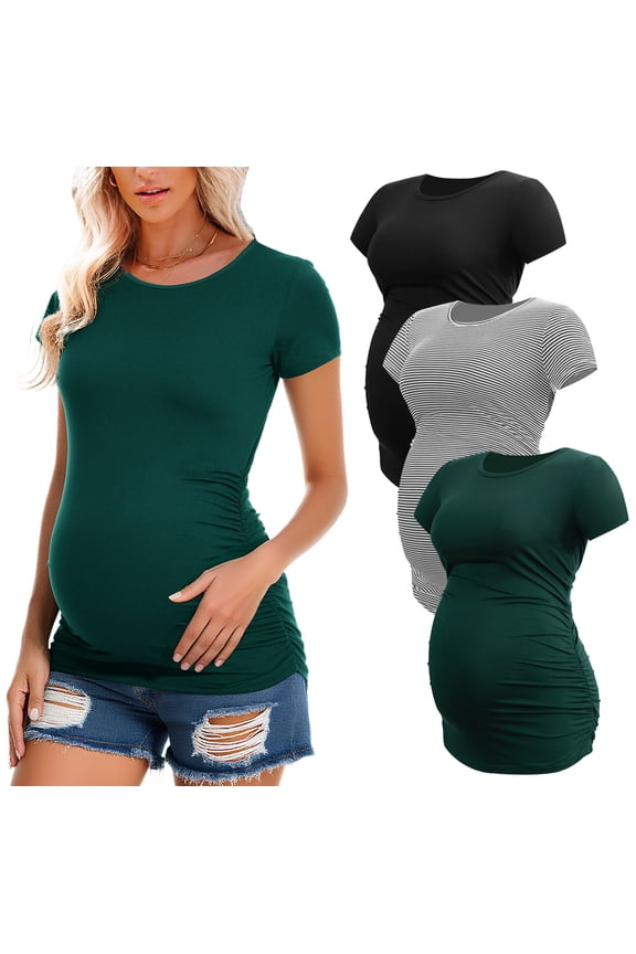 Women's Short Sleeve Maternity Shirt Side Ruched Pregnancy Tunic T-Shirt 3-Pack