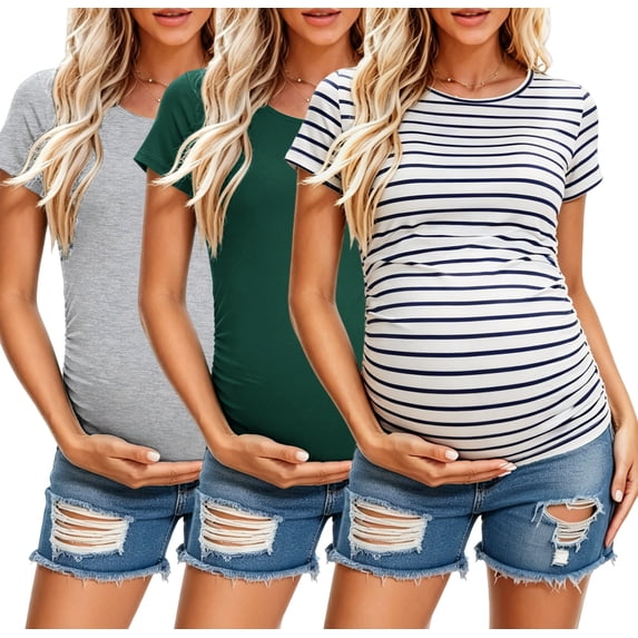 Women's Short Sleeve Maternity Shirt Side Ruched Pregnancy Tunic T-Shirt 3-Pack