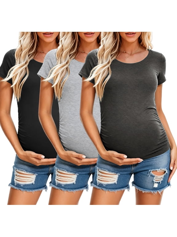 Women's Short Sleeve Maternity Shirt Side Ruched Pregnancy Tunic T-Shirt 3-Pack