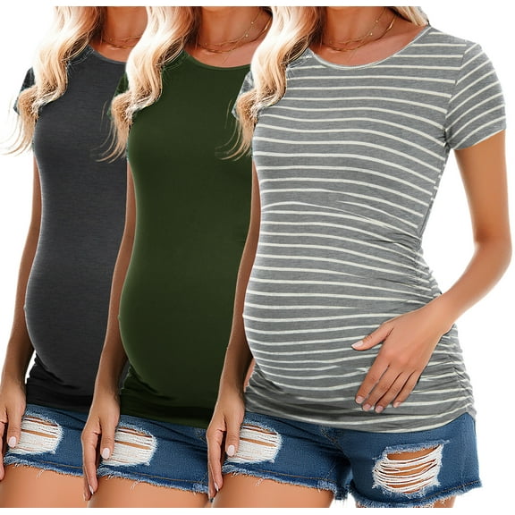 Women's Short Sleeve Maternity Shirt Side Ruched Pregnancy Tunic T-Shirt 3-Pack