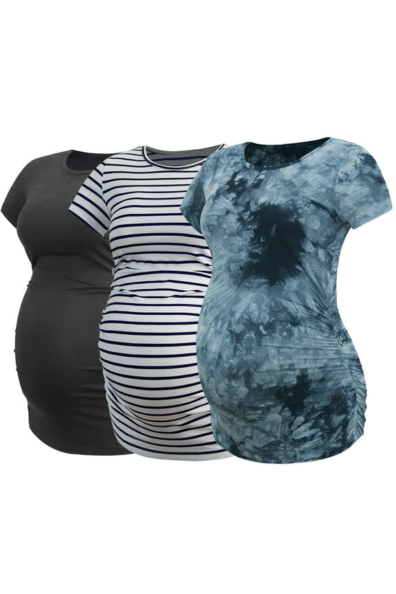 Women's Short Sleeve Maternity Shirt Side Ruched Pregnancy Tunic T-Shirt 3-Pack