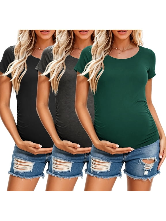 Women's Short Sleeve Maternity Shirt Side Ruched Pregnancy Tunic T-Shirt 3-Pack