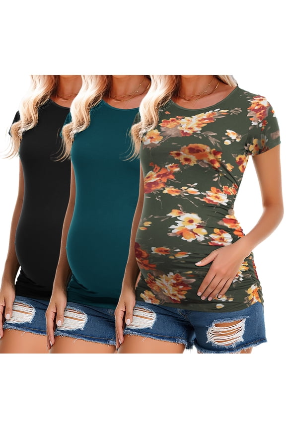 Women's Short Sleeve Maternity Shirt Side Ruched Pregnancy Tunic T-Shirt 3-Pack