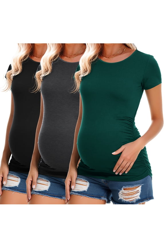 Women's Short Sleeve Maternity Shirt Side Ruched Pregnancy Tunic T-Shirt 3-Pack