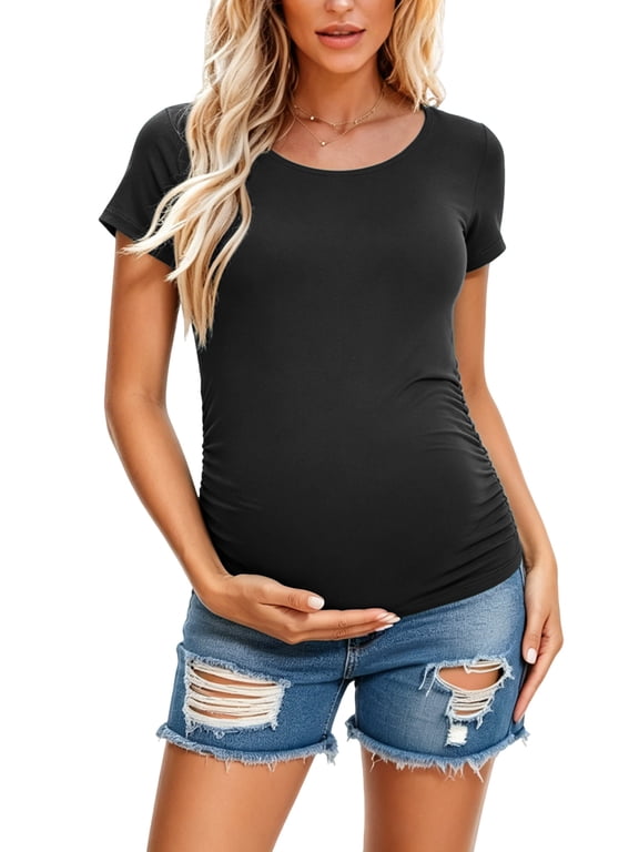 Women's Short Sleeve Maternity Shirt Side Ruched Pregnancy Tunic T-Shirt