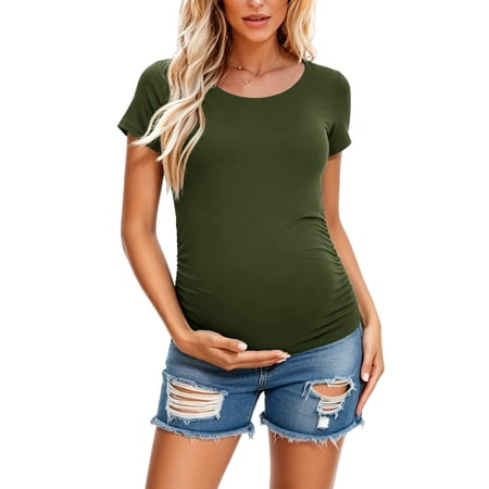 Women's Short Sleeve Maternity Shirt Side Ruched Pregnancy Tunic T-Shirt