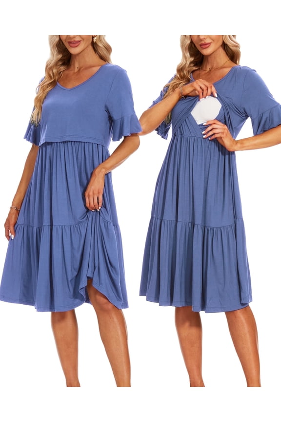 Women's Short Sleeve Ruffle Maternity Nursing Dresses for Breastfeeding