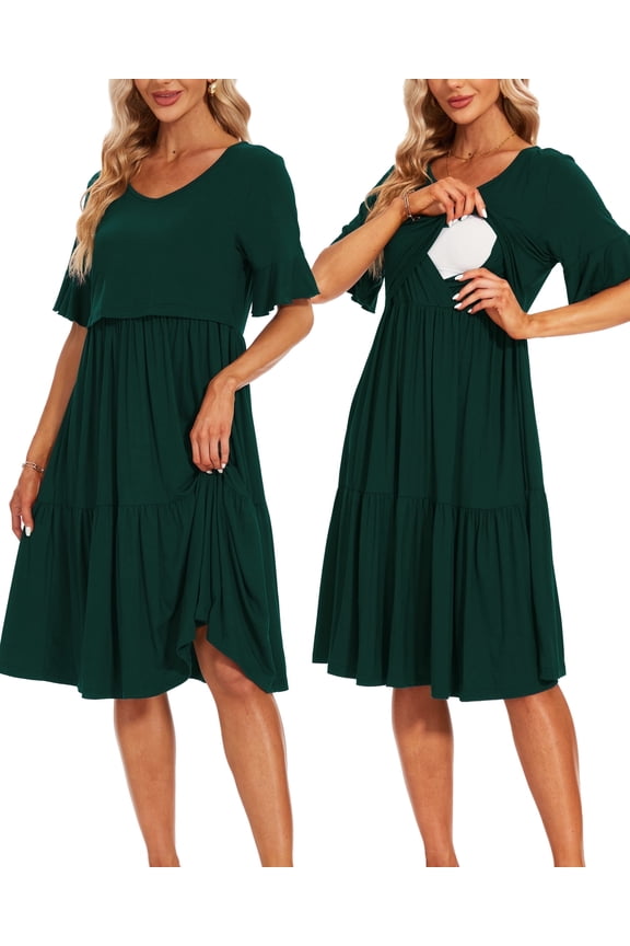 Women's Short Sleeve Ruffle Maternity Nursing Dresses for Breastfeeding