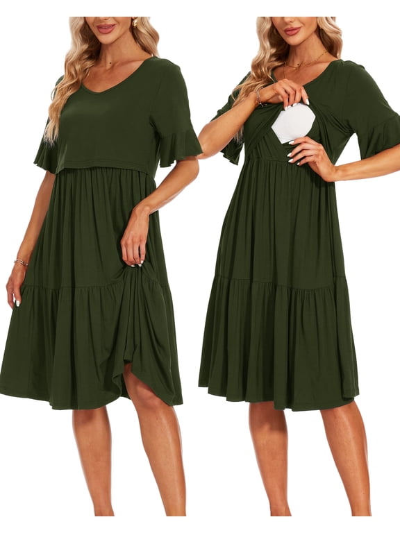 Women's Short Sleeve Ruffle Maternity Nursing Dresses for Breastfeeding