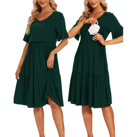 Women's Short Sleeve Ruffle Maternity Nursing Dresses for Breastfeeding