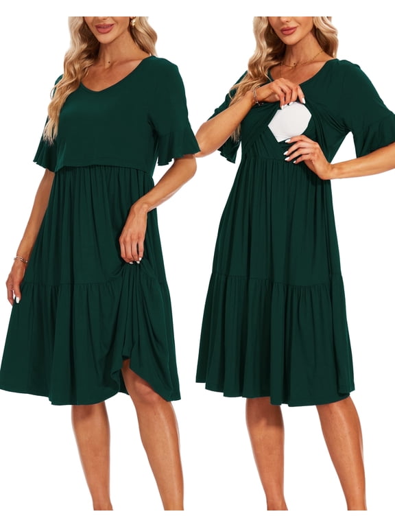 Women's Short Sleeve Ruffle Maternity Nursing Dresses for Breastfeeding
