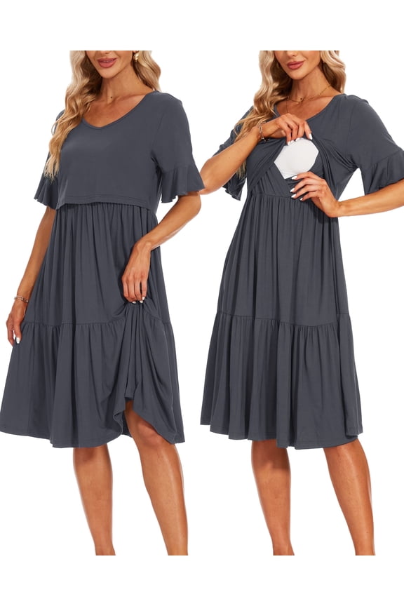 Women's Short Sleeve Ruffle Maternity Nursing Dresses for Breastfeeding