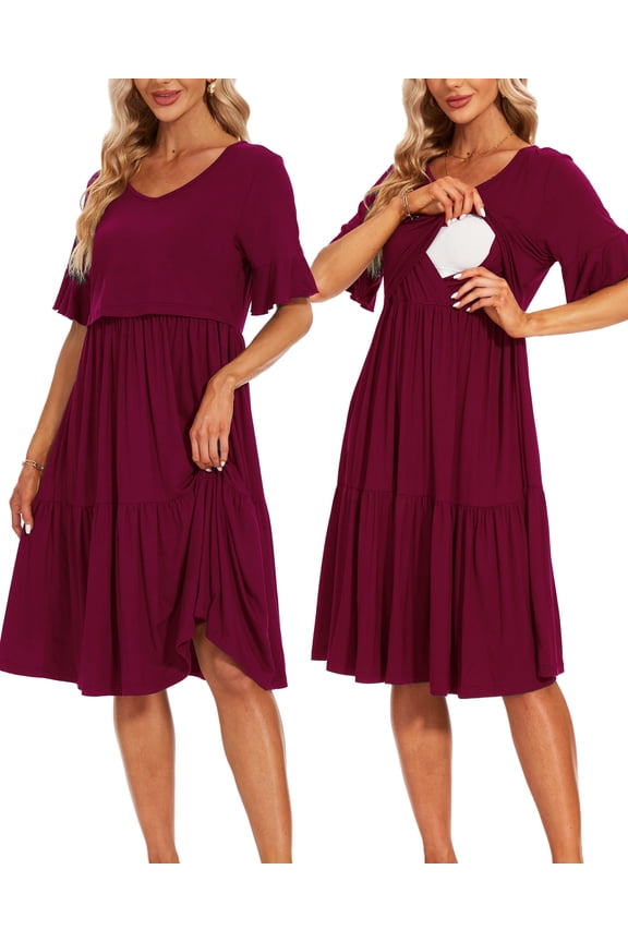 Women's Short Sleeve Ruffle Maternity Nursing Dresses for Breastfeeding