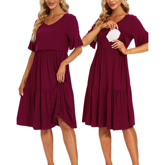 Women's Short Sleeve Ruffle Maternity Nursing Dresses for Breastfeeding