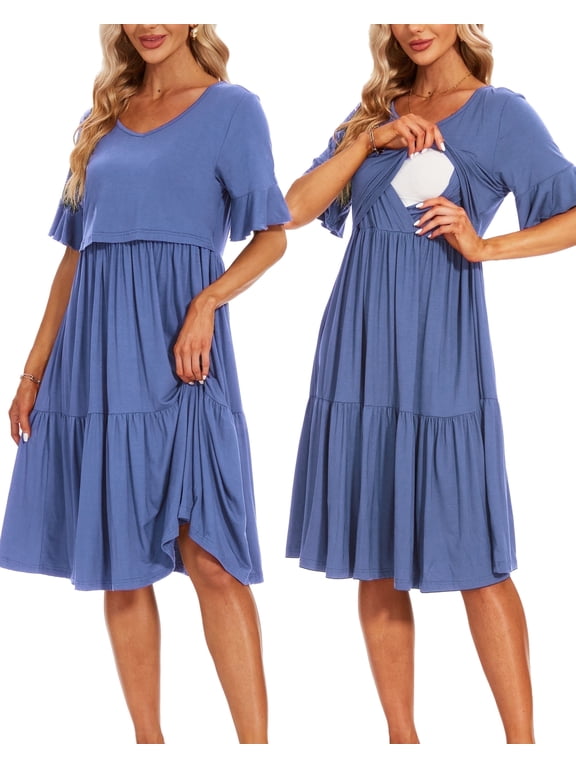 Women's Short Sleeve Ruffle Maternity Nursing Dresses for Breastfeeding