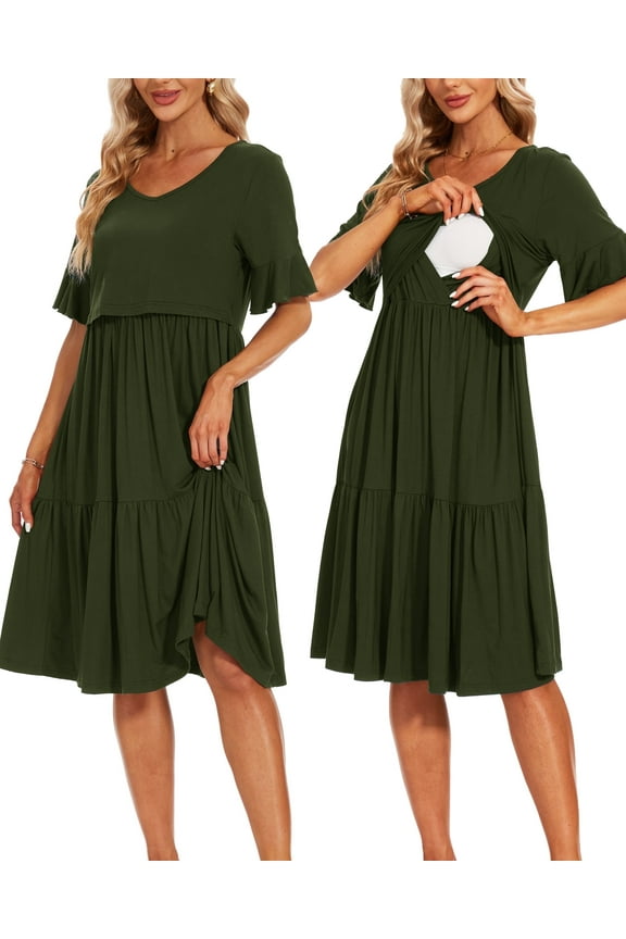 Women's Short Sleeve Ruffle Maternity Nursing Dresses for Breastfeeding