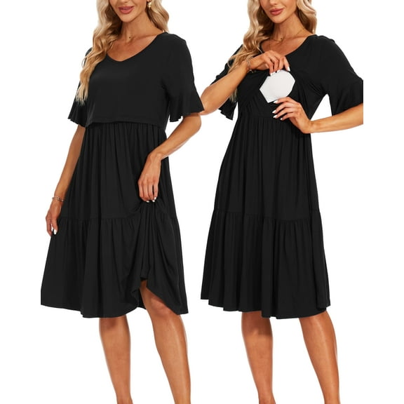Women's Short Sleeve Ruffle Maternity Nursing Dresses for Breastfeeding