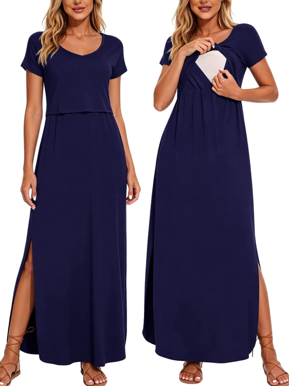 Women's Split Maternity Long Dresses Nursing Dresses for Breastfeeding