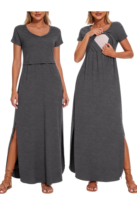 Women's Split Maternity Long Dresses Nursing Dresses for Breastfeeding