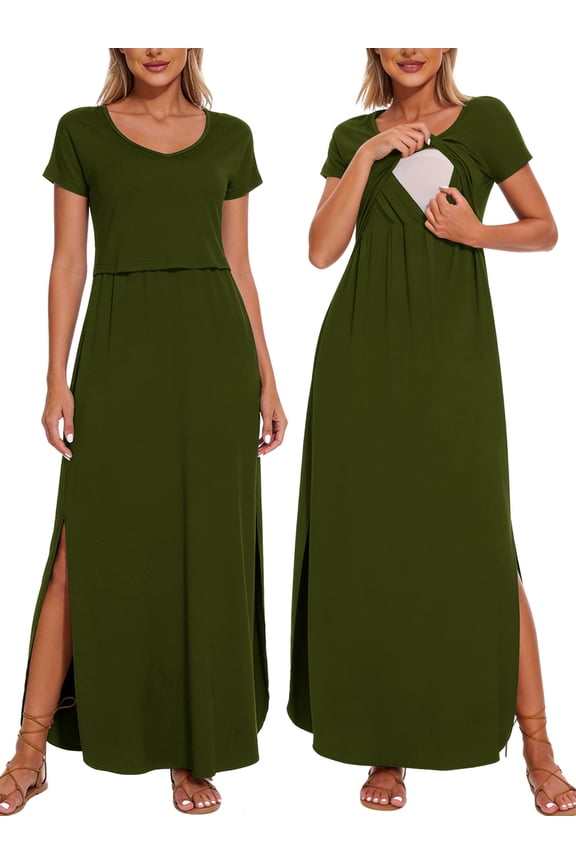 Women's Split Maternity Long Dresses Nursing Dresses for Breastfeeding