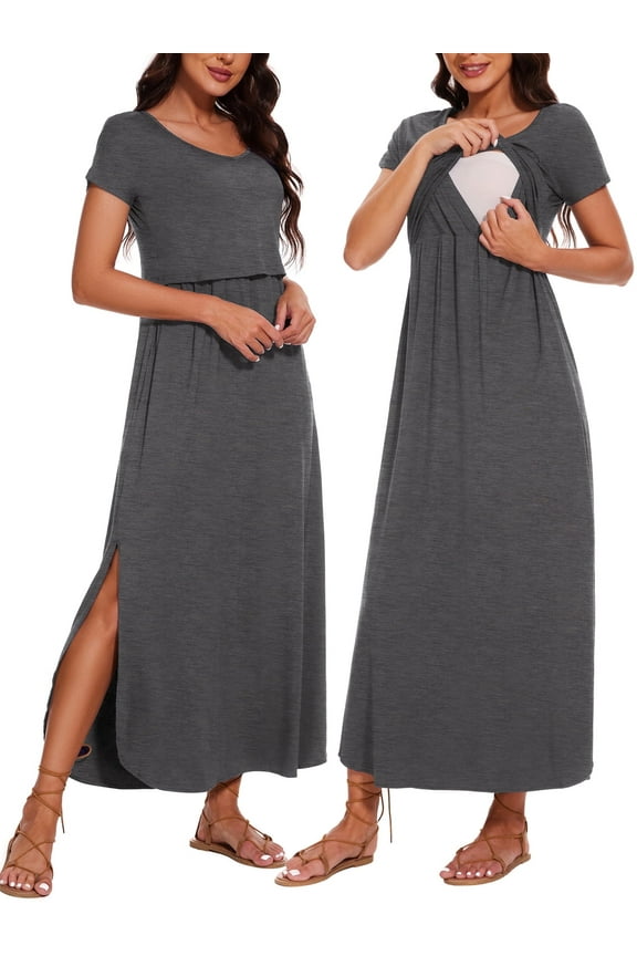 Women's Split Maternity Long Dresses Nursing Dresses for Breastfeeding
