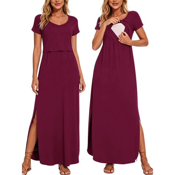 Women's Split Maternity Long Dresses Nursing Dresses for Breastfeeding