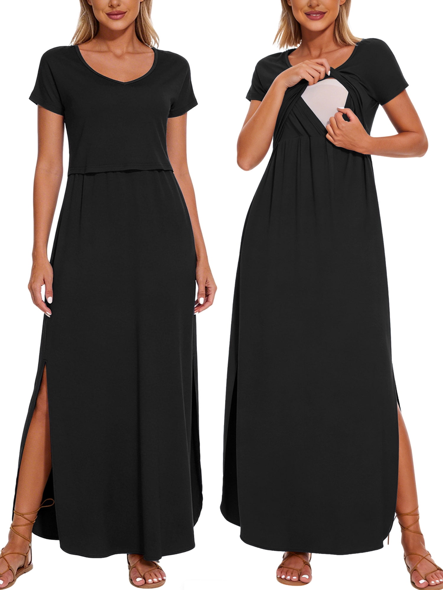 Women's Split Maternity Long Dresses Nursing Dresses for Breastfeeding