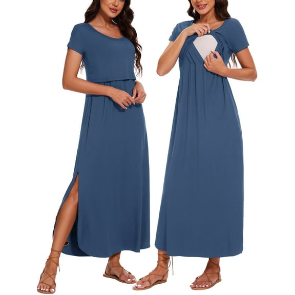 Women's Split Maternity Long Dresses Nursing Dresses for Breastfeeding