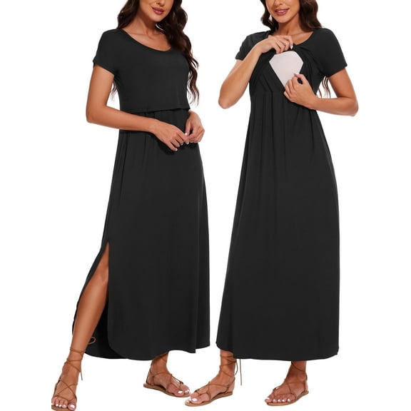 Women's Split Maternity Long Dresses Nursing Dresses for Breastfeeding