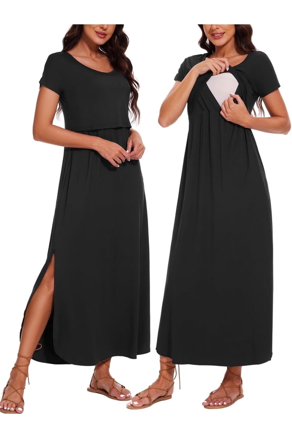 Women's Split Maternity Long Dresses Nursing Dresses for Breastfeeding