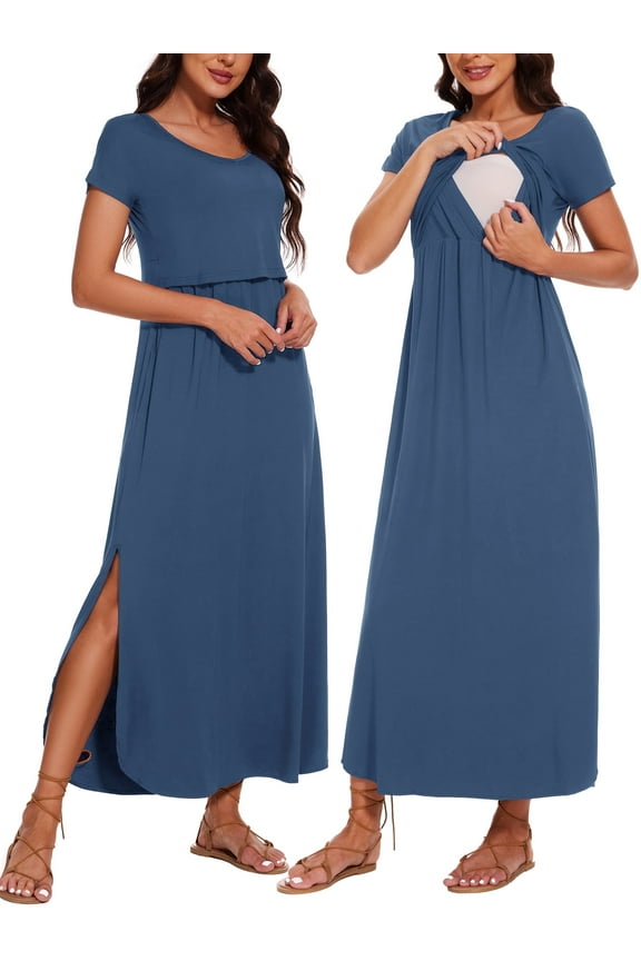 Women's Split Maternity Long Dresses Nursing Dresses for Breastfeeding