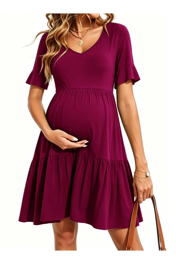 Women's Summer Maternity Dress Ruffle Short Sleeve Maternity Clothes