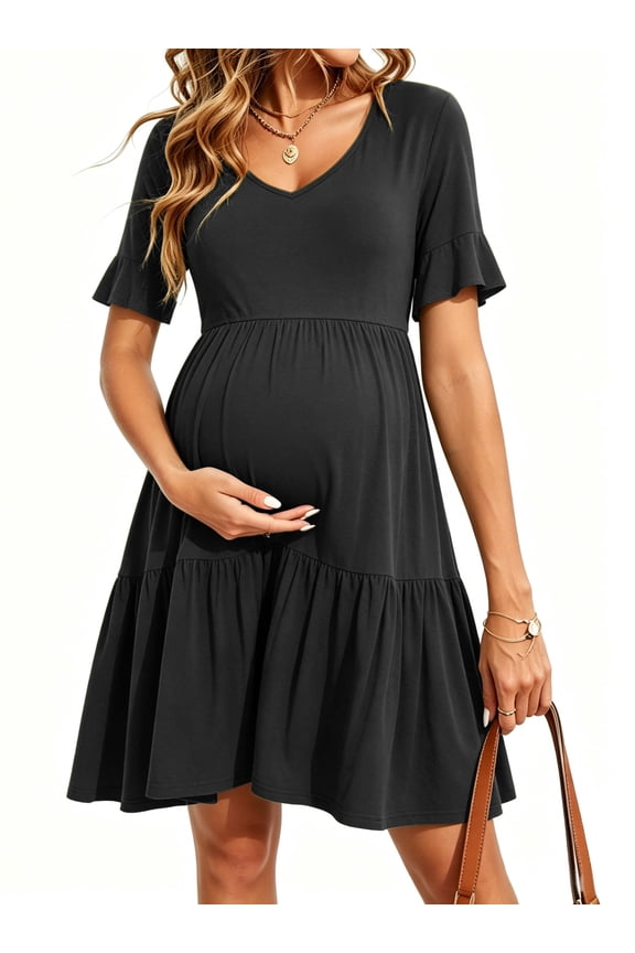 Women's Summer Maternity Dress Ruffle Short Sleeve Maternity Clothes