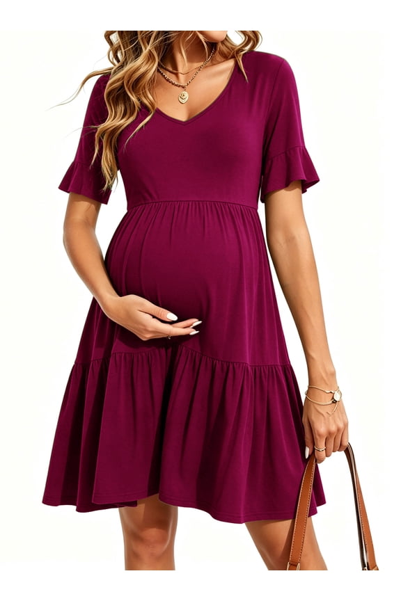 Women's Summer Maternity Dress Ruffle Short Sleeve Maternity Clothes