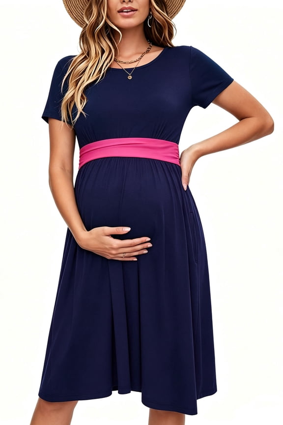 Women's Summer Maternity Dress Short Sleeve Pleated Waist Dress with Pockets