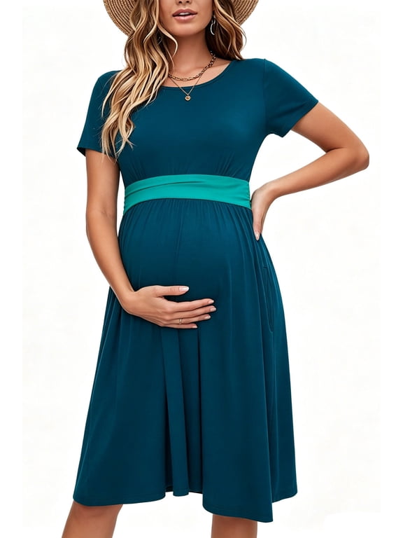 Women's Summer Maternity Dress Short Sleeve Pleated Waist Dress with Pockets