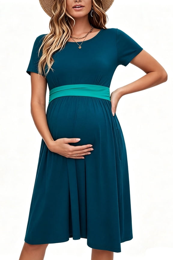 Women's Summer Maternity Dress Short Sleeve Pleated Waist Dress with Pockets