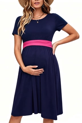 Women's Summer Maternity Dress Short Sleeve Pleated Waist Dress with Pockets