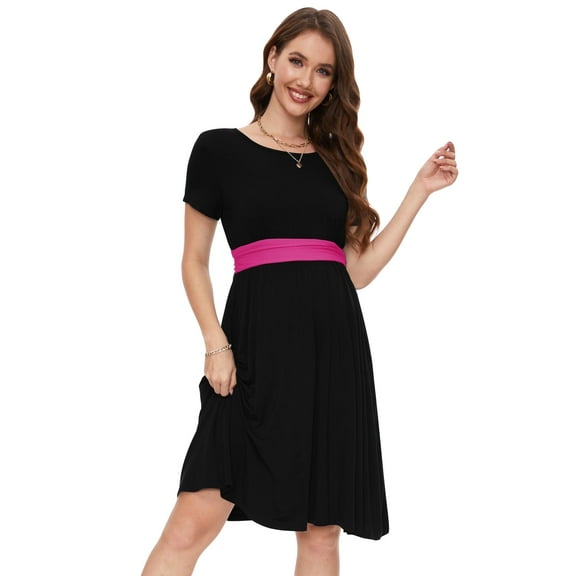 Women's Summer Maternity Dress Short Sleeve Pleated Waist Dress with Pockets
