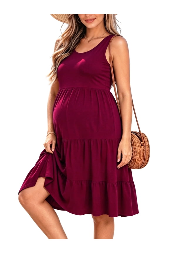 Women's Summer Maternity Dress Sleeveless Ruffle Tank Dress with Pockets