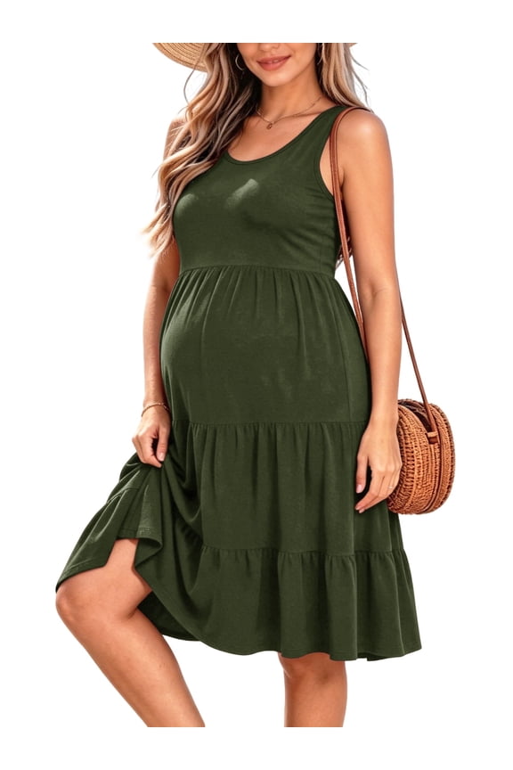 Women's Summer Maternity Dress Sleeveless Ruffle Tank Dress with Pockets