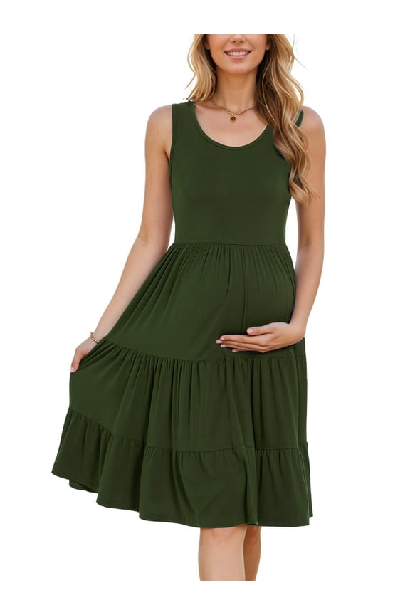 Women's Summer Maternity Dress Sleeveless Ruffle Tank Dress with Pockets