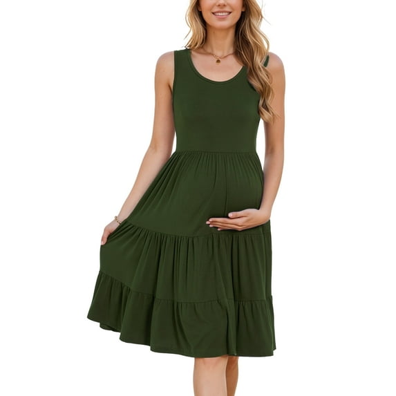 Women's Summer Maternity Dress Sleeveless Ruffle Tank Dress with Pockets